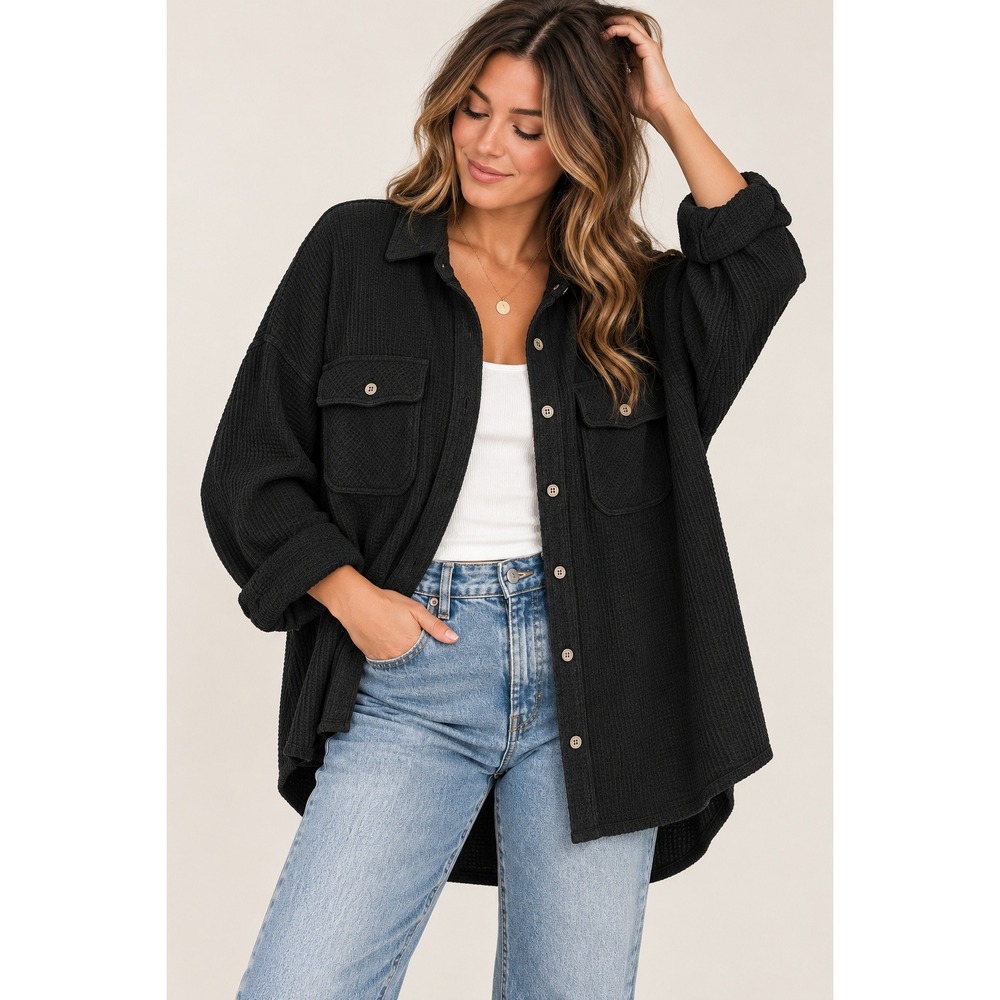 Aerie LumberJane Waffle Knit Shacket XL Oversized Black Minimalist Lounge Casual
